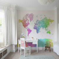 Rainbow watercolor world map wallpaper for walls

