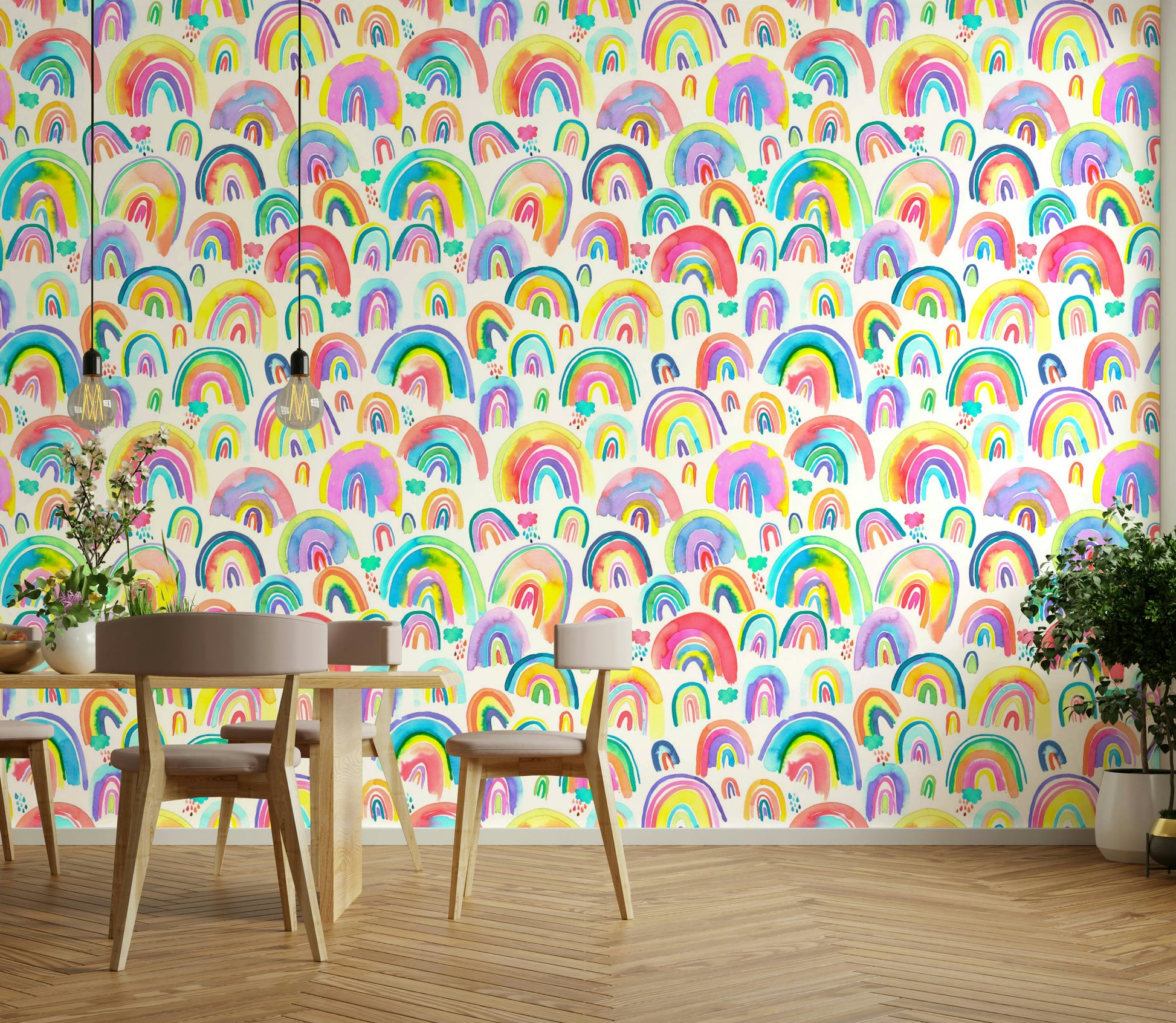 Bright neon rainbow arcs with soft watercolor blending.

