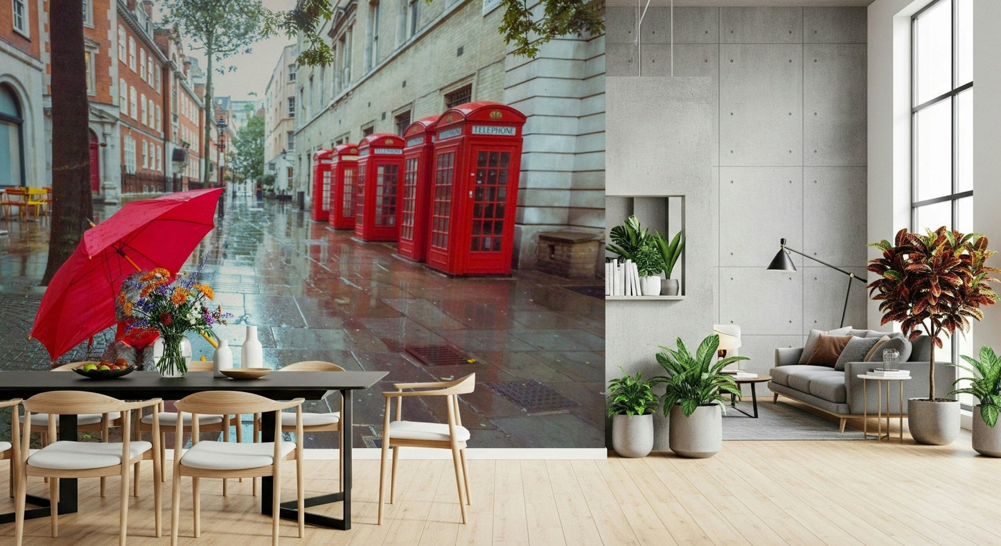 Rainy Day Pup wall mural, dog with red umbrella on wet London street.