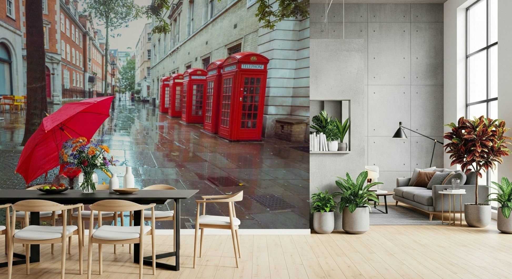 Rainy Day Pup wall mural, dog with red umbrella on wet London street.