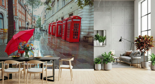 Rainy Day Pup wall mural, dog with red umbrella on wet London street.