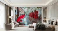 London atmosphere Rainy Day Pup wall mural, adorable pup shelter from drops.