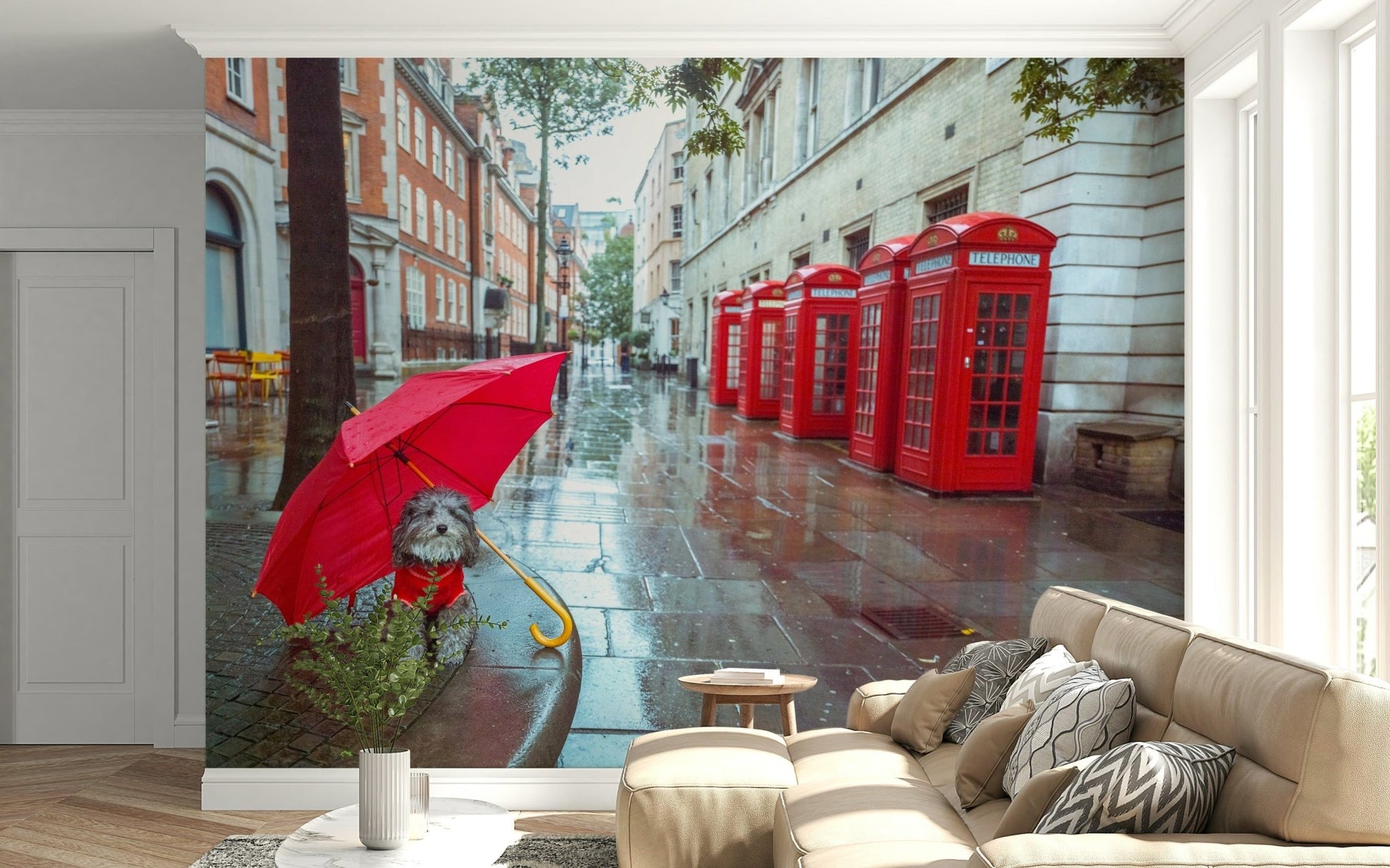 Adorable pup in rain gear, classic city view, Rainy Day Pup interior surface wallpaper.