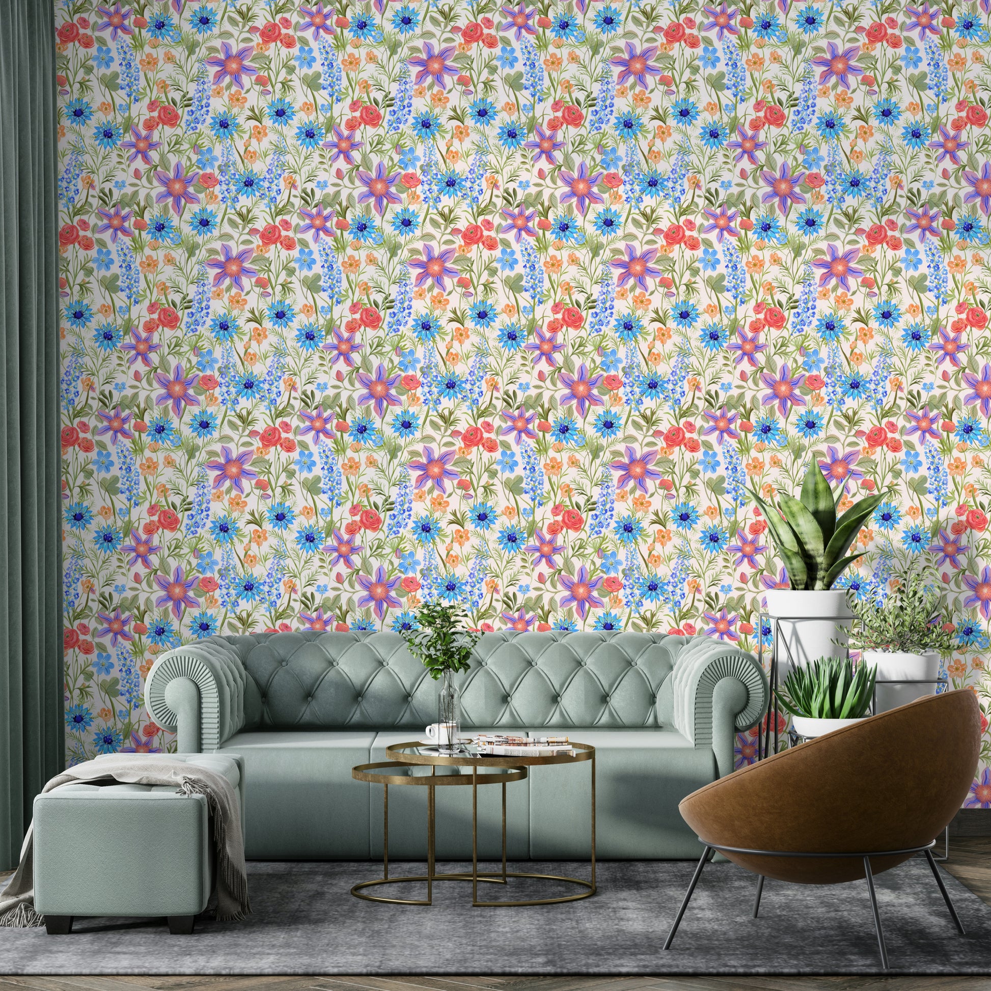 Strong offwhite floral wallpaper in retro style

