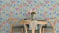 Sky blue wallpaper with retro ranunculus florals


