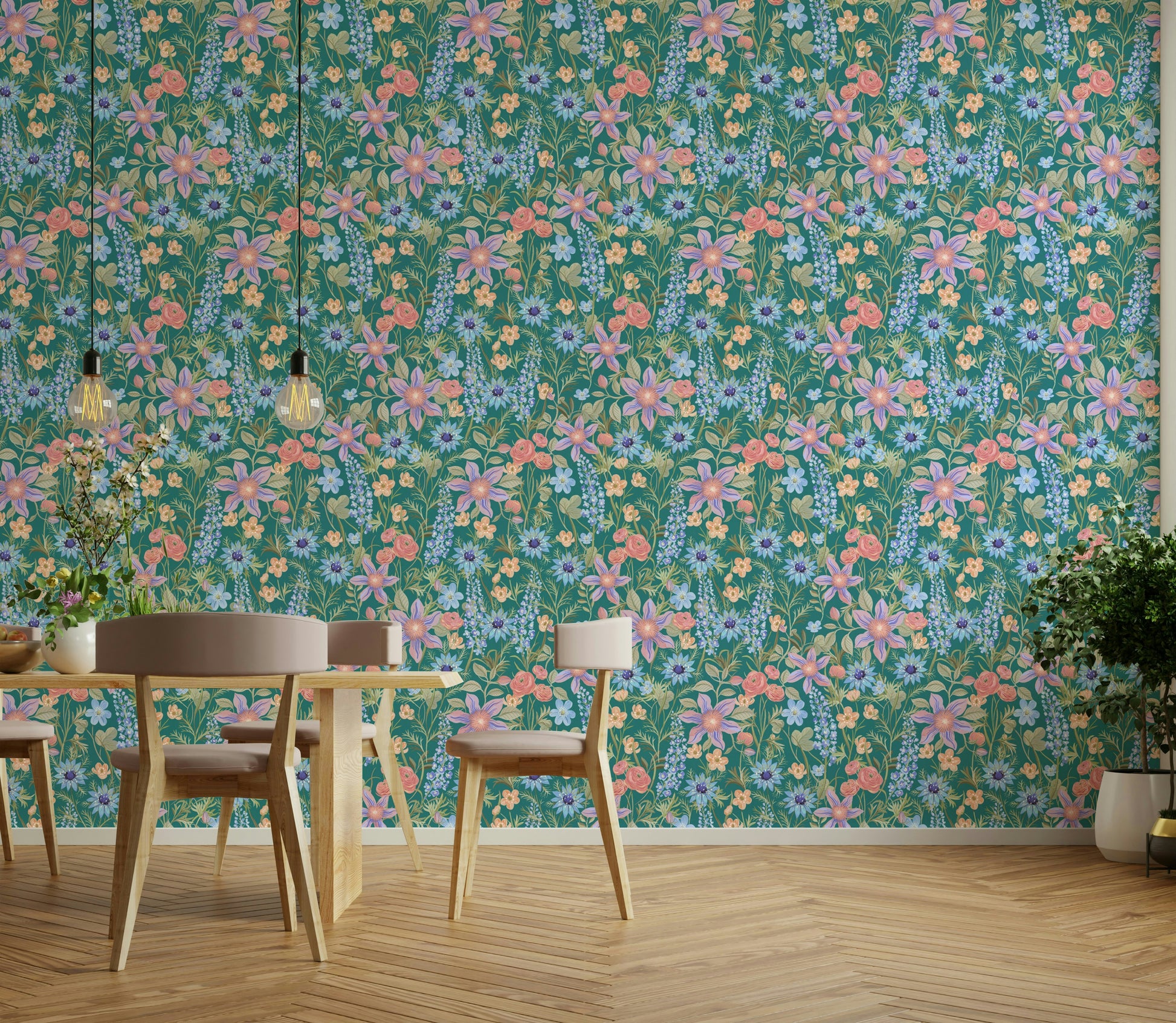 Colorful ranunculus print on teal background

