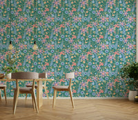 Colorful ranunculus print on teal background


