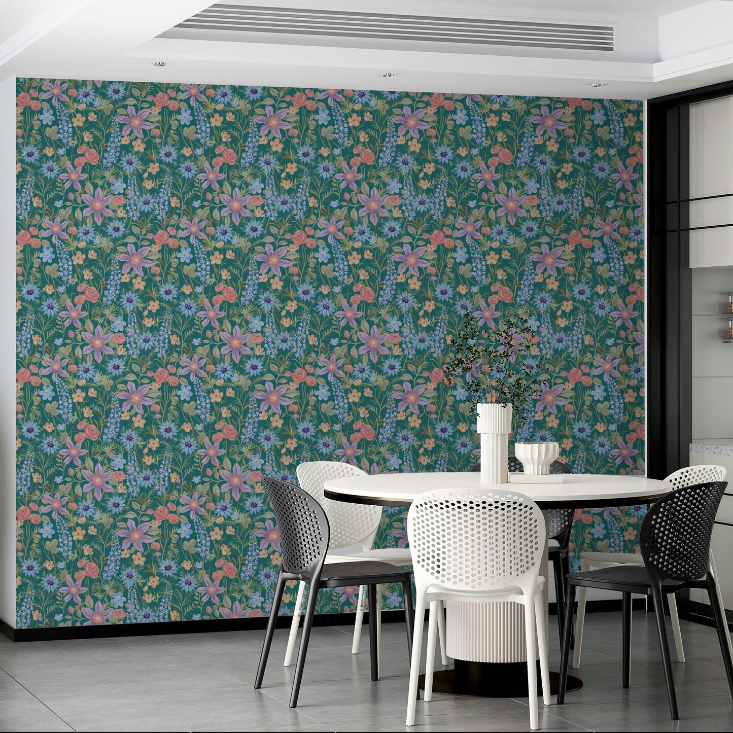 Ranunculus floral design in retro teal tones

