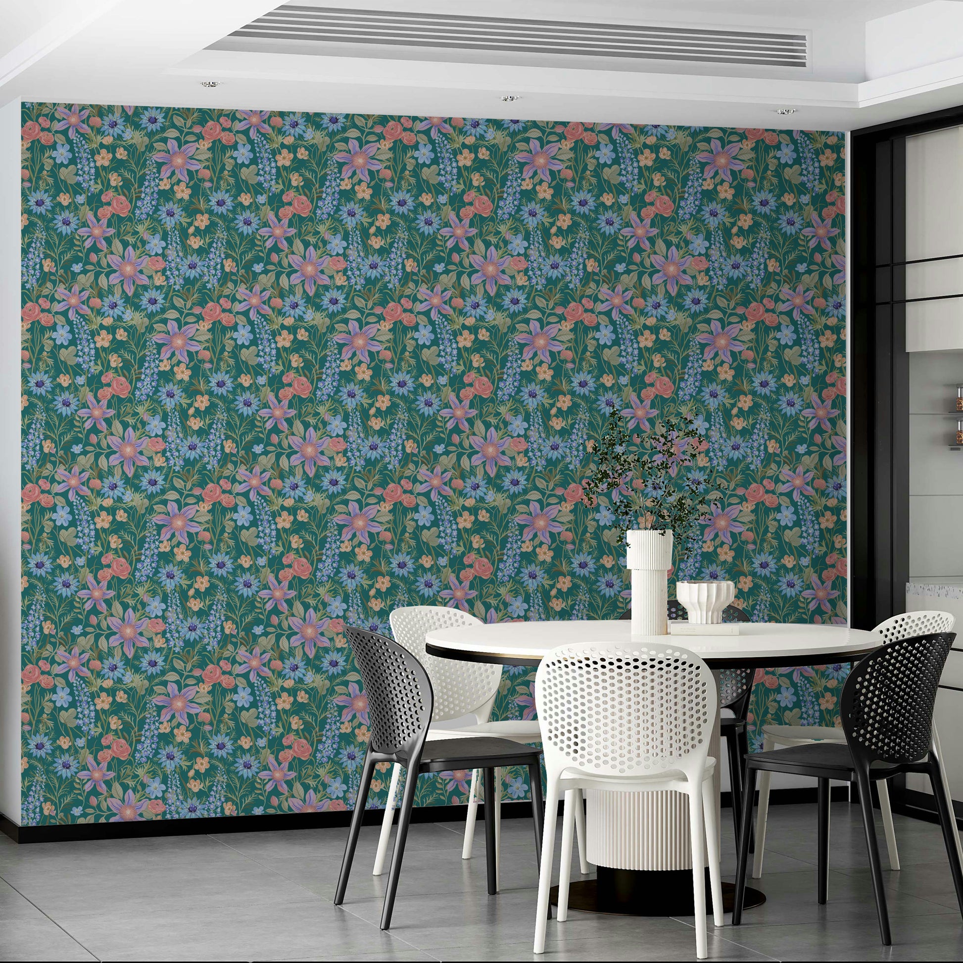 Ranunculus floral design in retro teal tones

