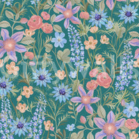 Ranunculaceae Retro Teal wallpaper close-up showing coral, purple and blue retro florals on a deep teal background