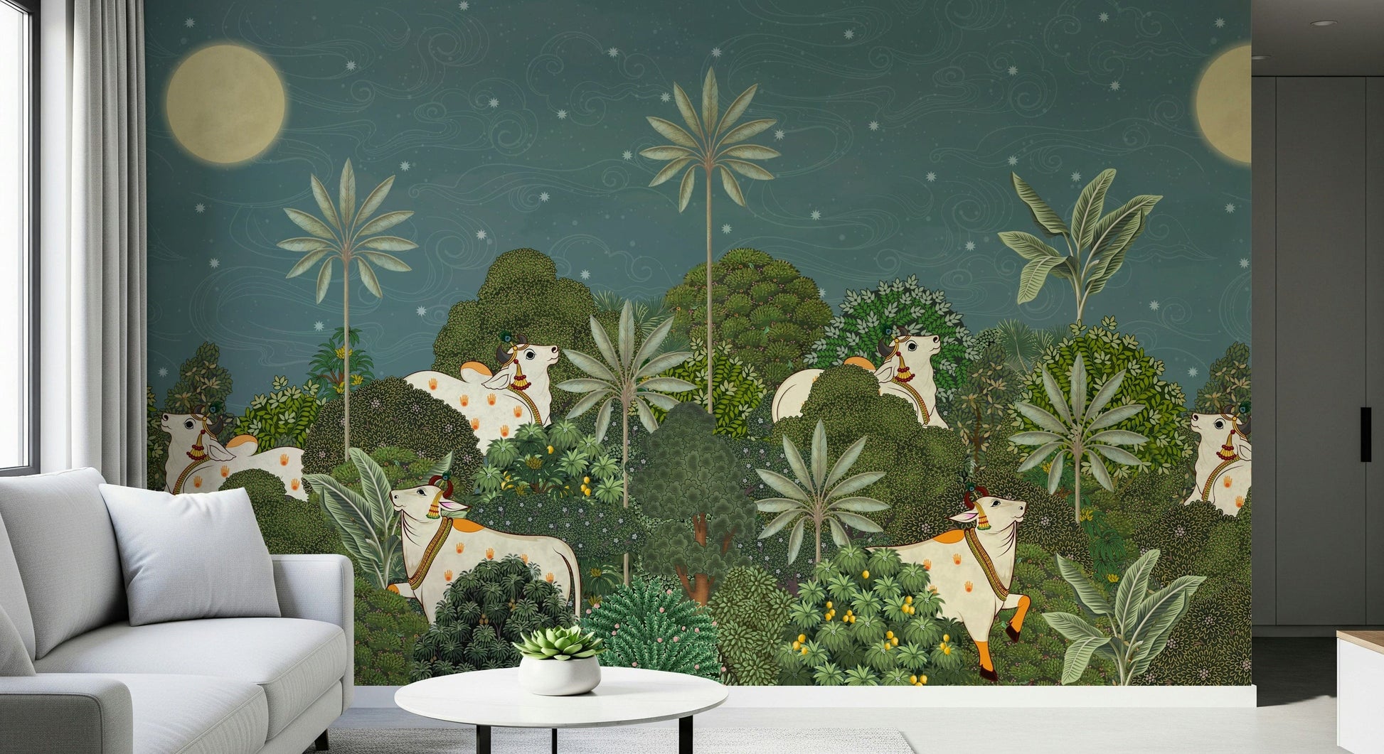 Ratri Pichwai mural for dining area with classic motif layout