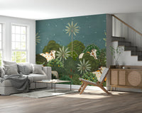 Ratri Pichwai wall mural installed behind sofa in living room