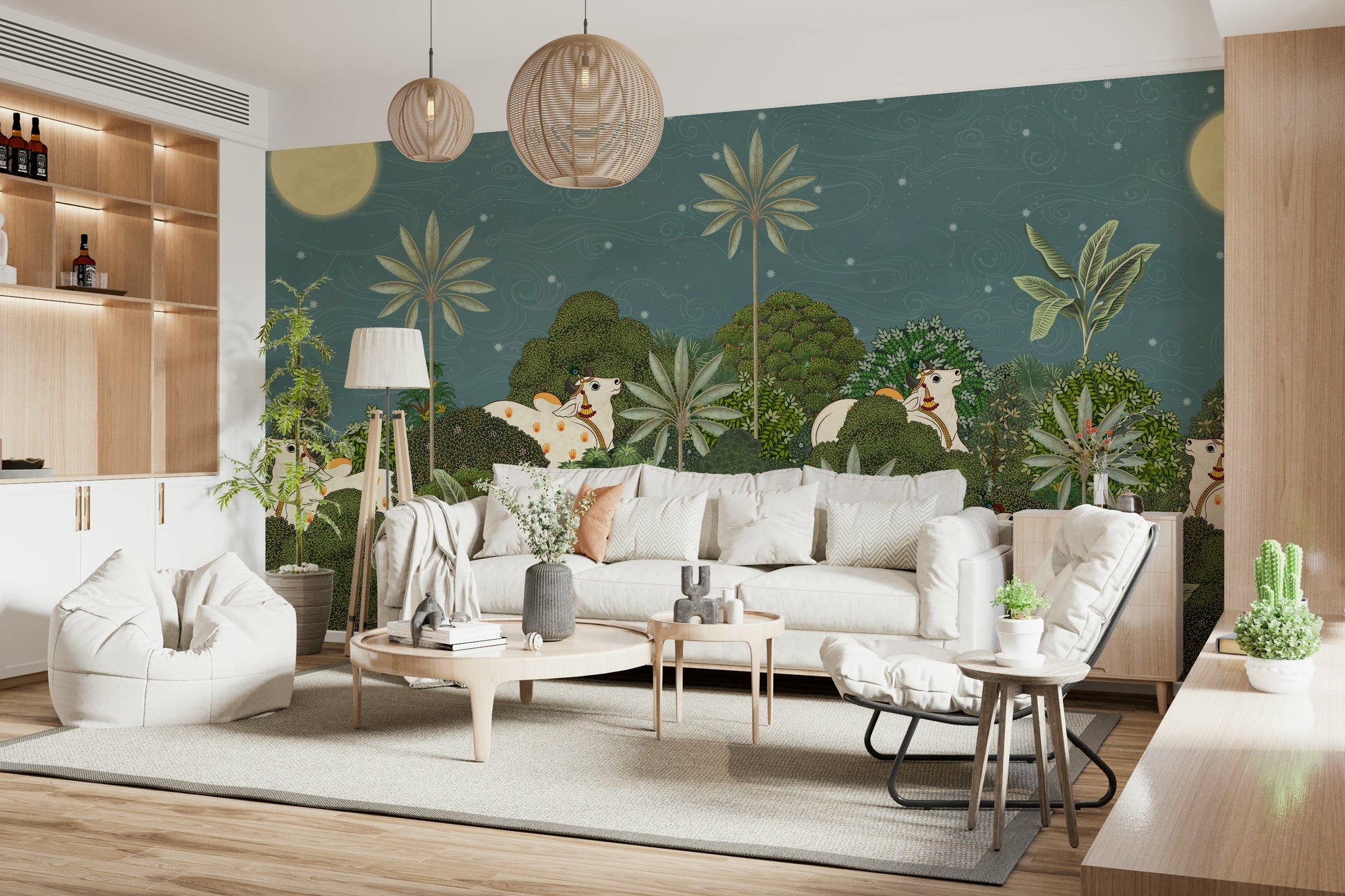 Ratri Pichwai wall mural with night-themed traditional artwork