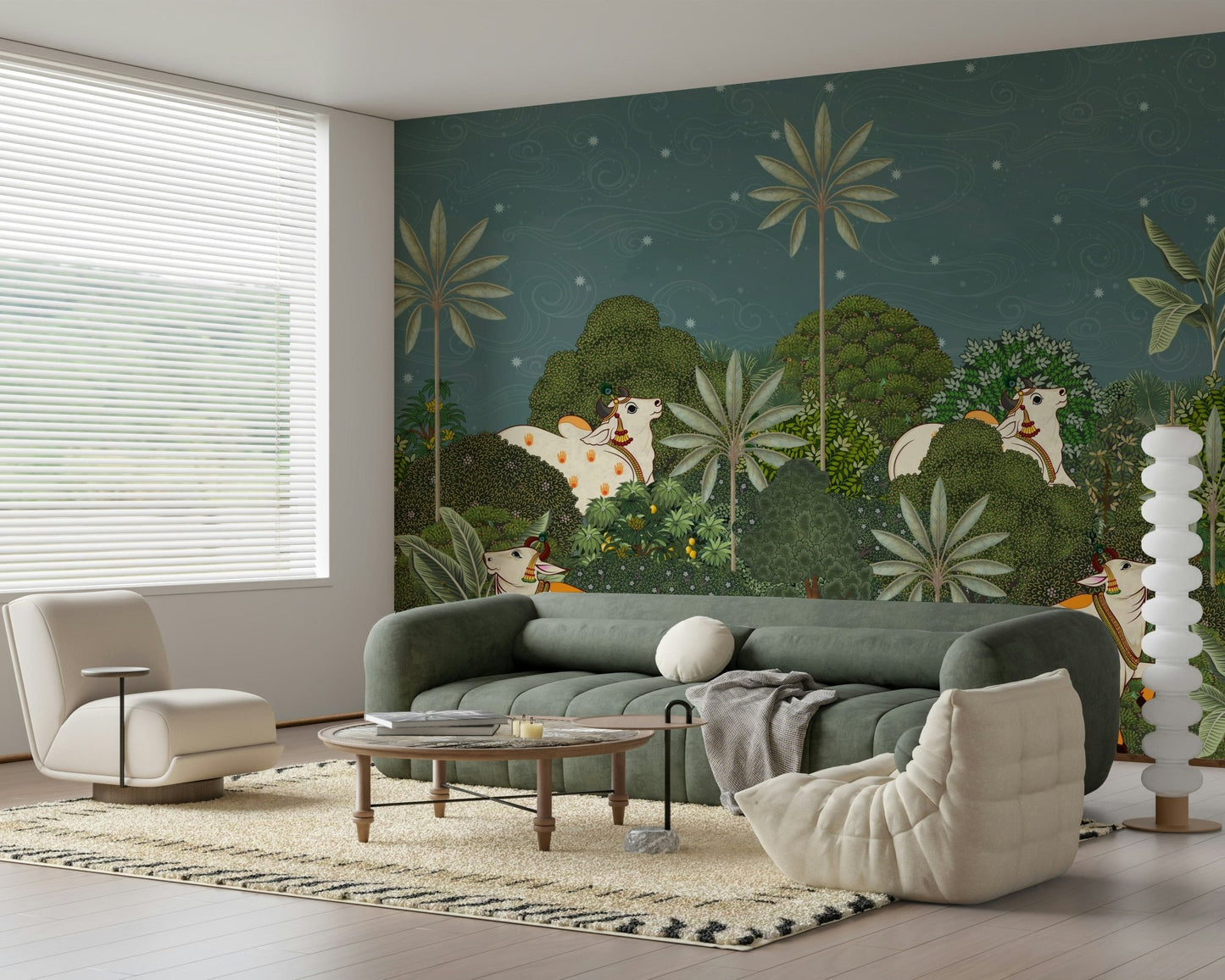 Ratri Pichwai mural wallpaper on bedroom accent wall