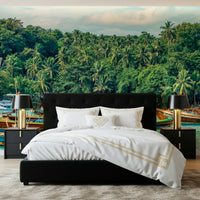 Amsterdam Twilight wall mural with canal lights, nature tones, subtle green wallpaper accents