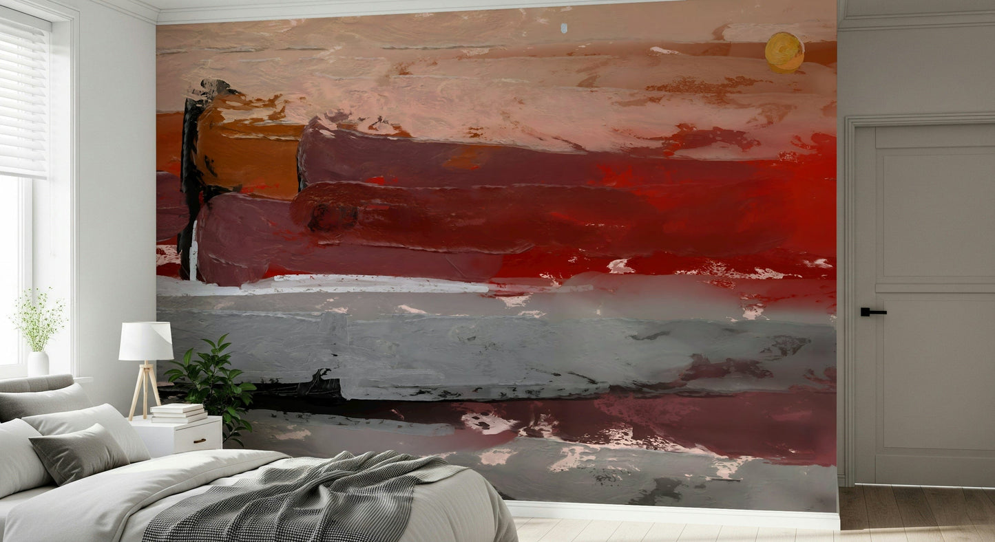 Abstract landscape mural with blue and gold tones in a modern apartment living room.