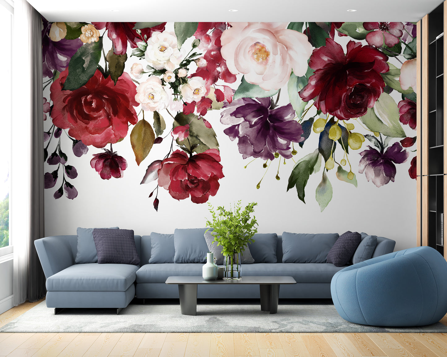 Botanical floral wall mural with pink and red roses