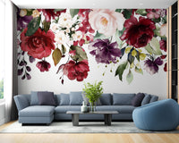 Botanical floral wall mural with pink and red roses
