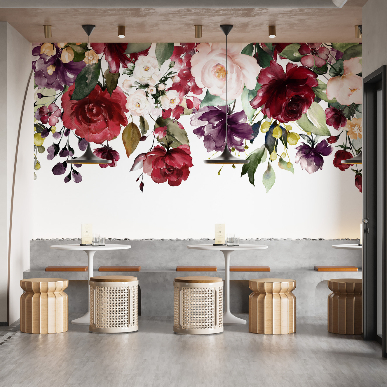 Red and pink floral wallpaper mural for wall