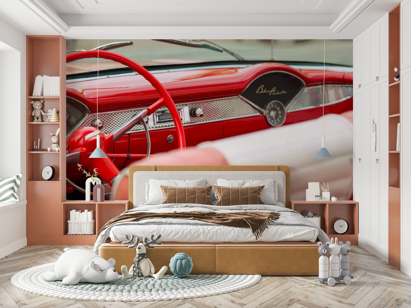 A beautiful retro red wallpaper mural with Bel Air style.

