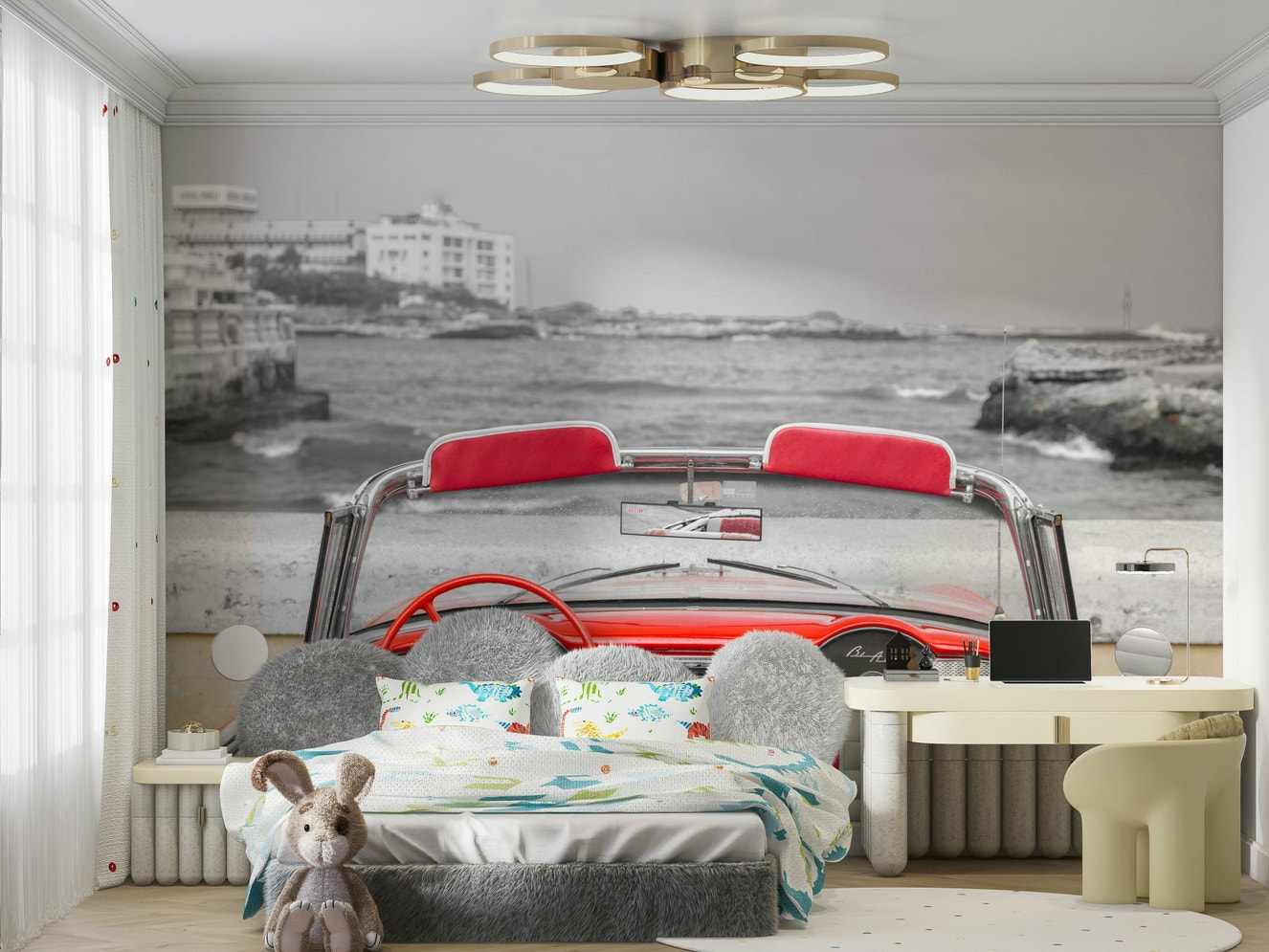 A wall mural of the interior of a red Chevrolet Bel Air.

