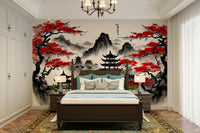 The image shows an artistic impression of a serene scene with a pagoda and blossoms.

