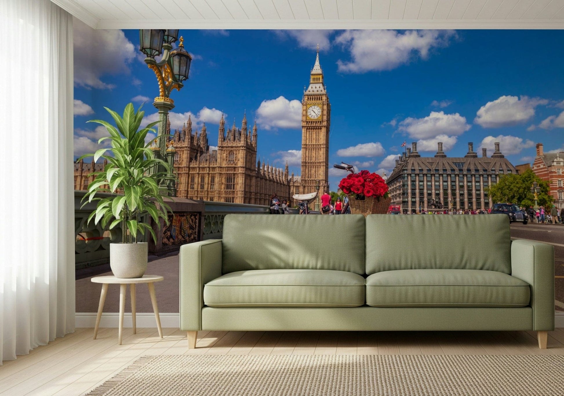 Clock Tower, antique lamps, Red Blooms in London wall art design.