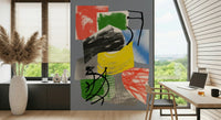 Playful abstract wallpaper with bold swirls and blocks of red, yellow, green, and blue paint.