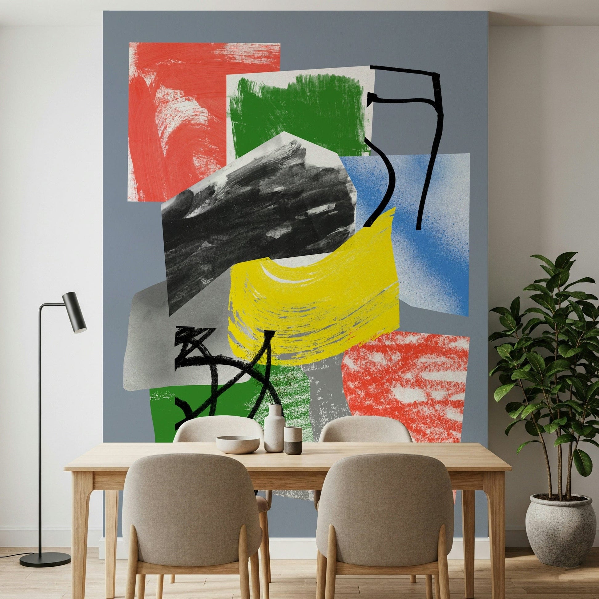 Energetic abstract wallpaper combining rough textures and bright color patches in a modern style.