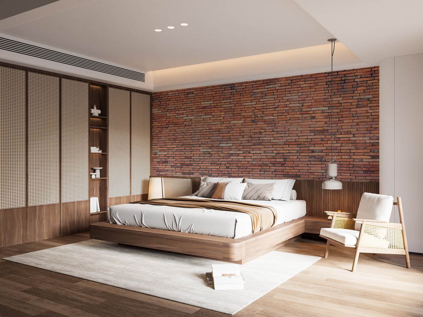 Timeless red brickwork wallpaper for home libraries.