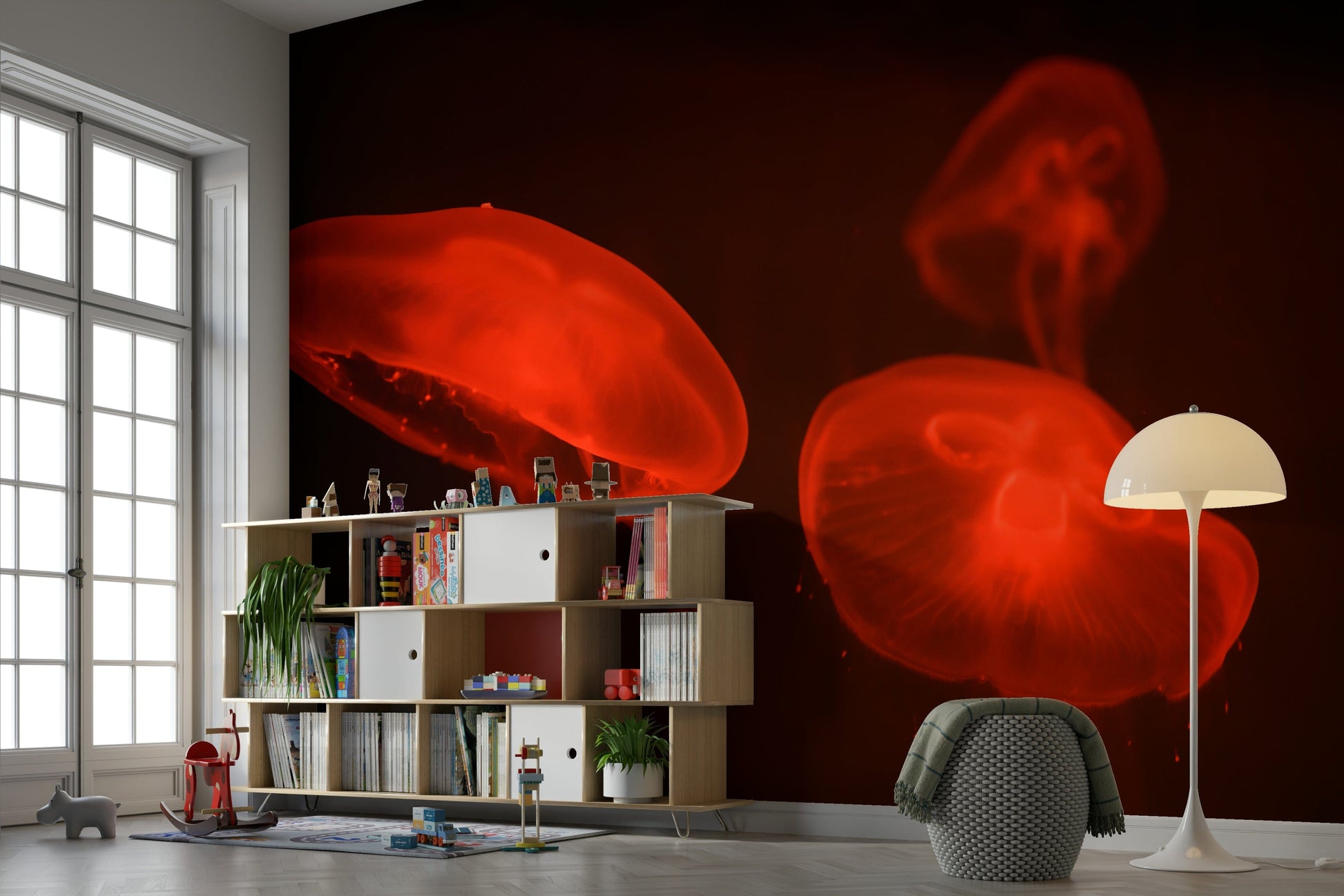 A beautiful aquarium scene wallpaper mural with colorful fish.

