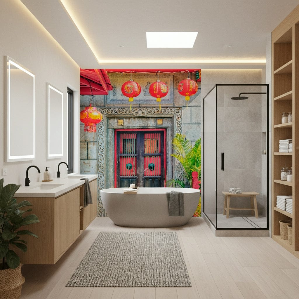 Vibrant Asian decor Lantern Entrance peel and stick wallpaper.
