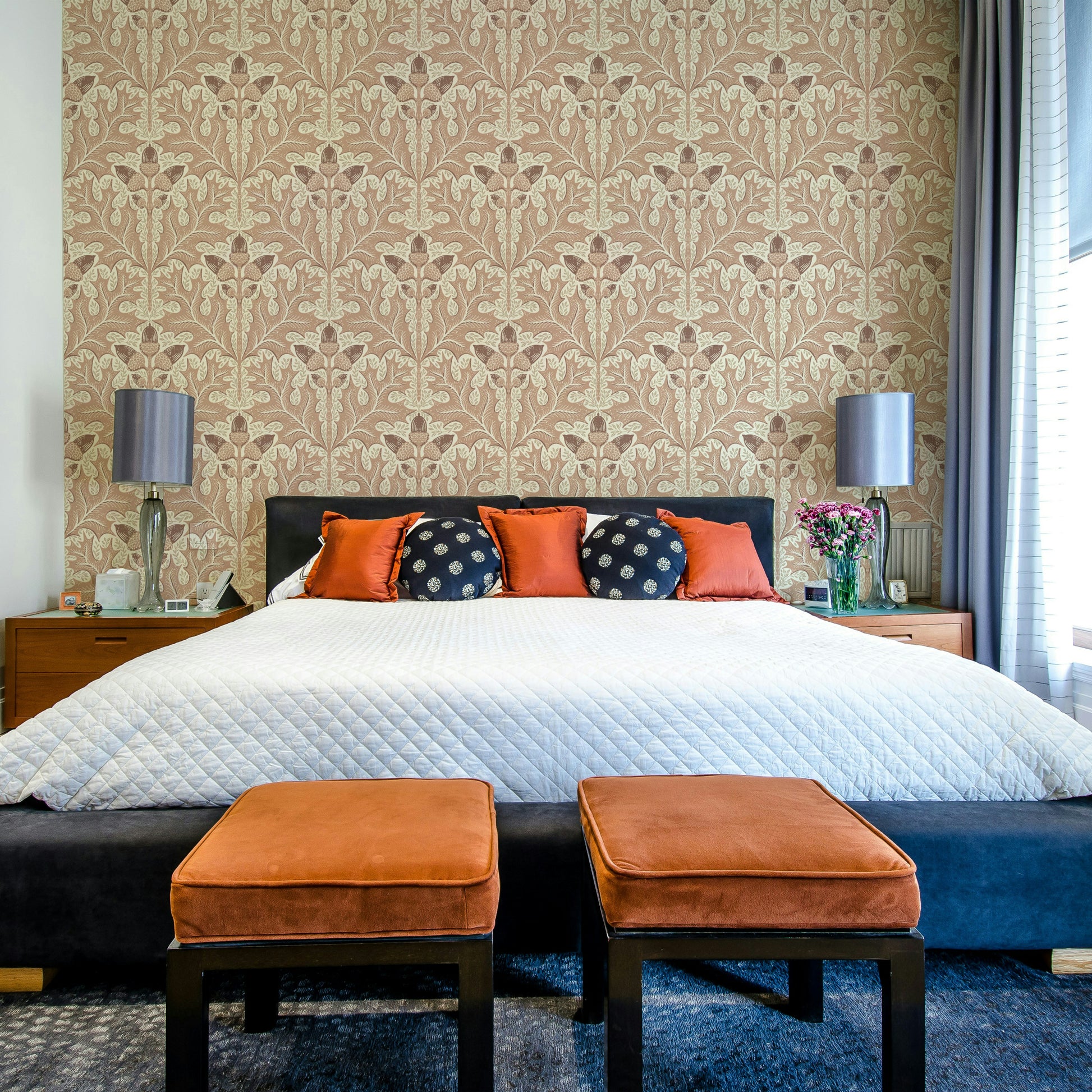 Deep red patterned wallpaper with damask style

