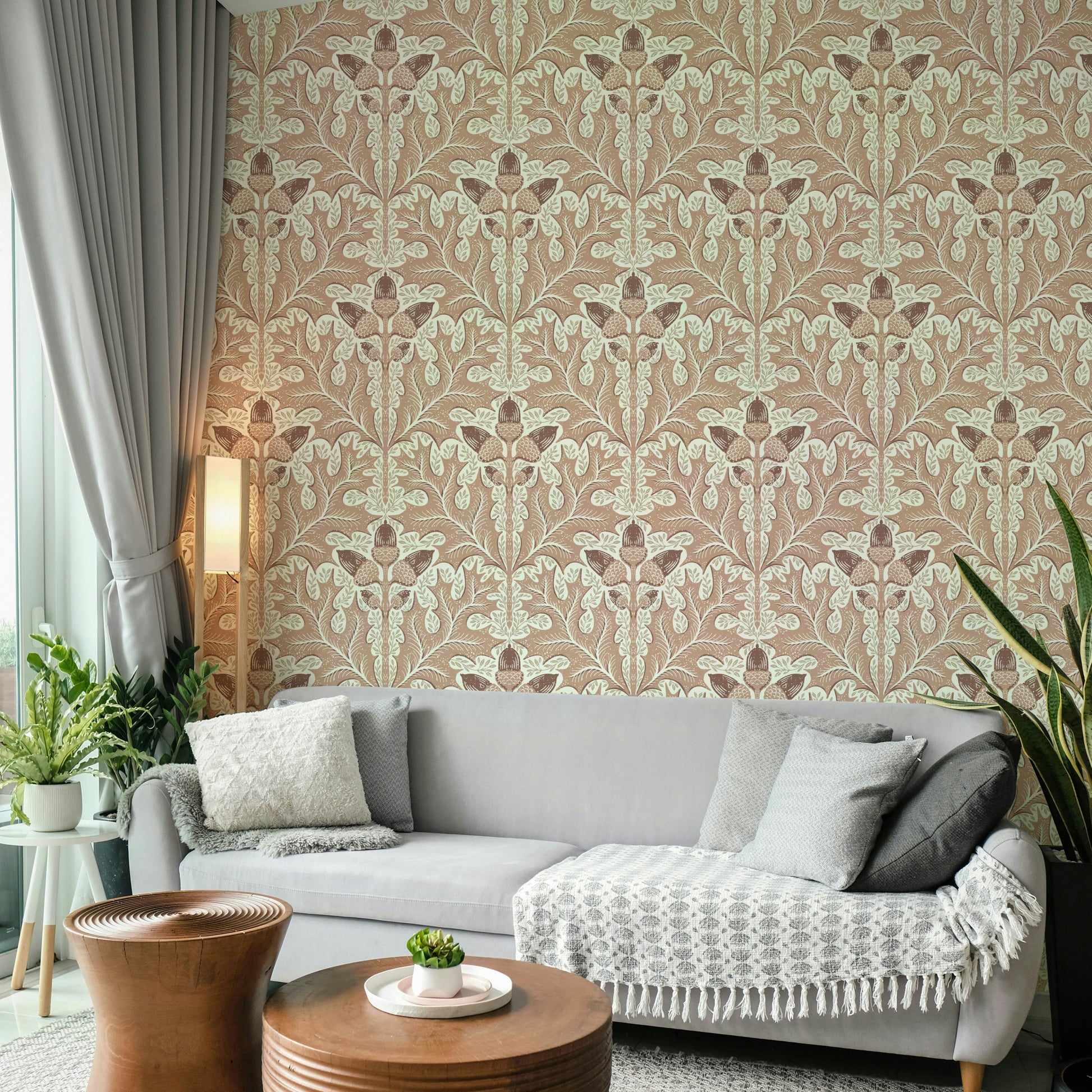 Elegant damask print in rich red oak tones

