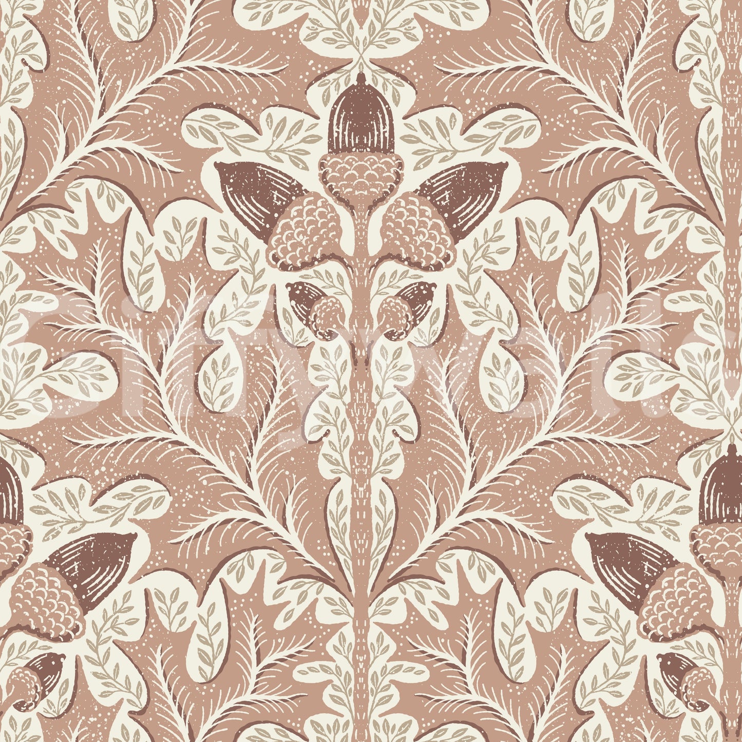 Red Oak Damask wallpaper close-up showing cream oak leaves and acorns on a dusty rose and terracotta damask
