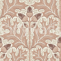 Red Oak Damask wallpaper close-up showing cream oak leaves and acorns on a dusty rose and terracotta damask