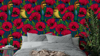 Red poppies and bee-eaters wallpaper on dark blue

