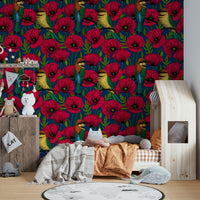 Botanical design wallpaper with red flowers and birds

