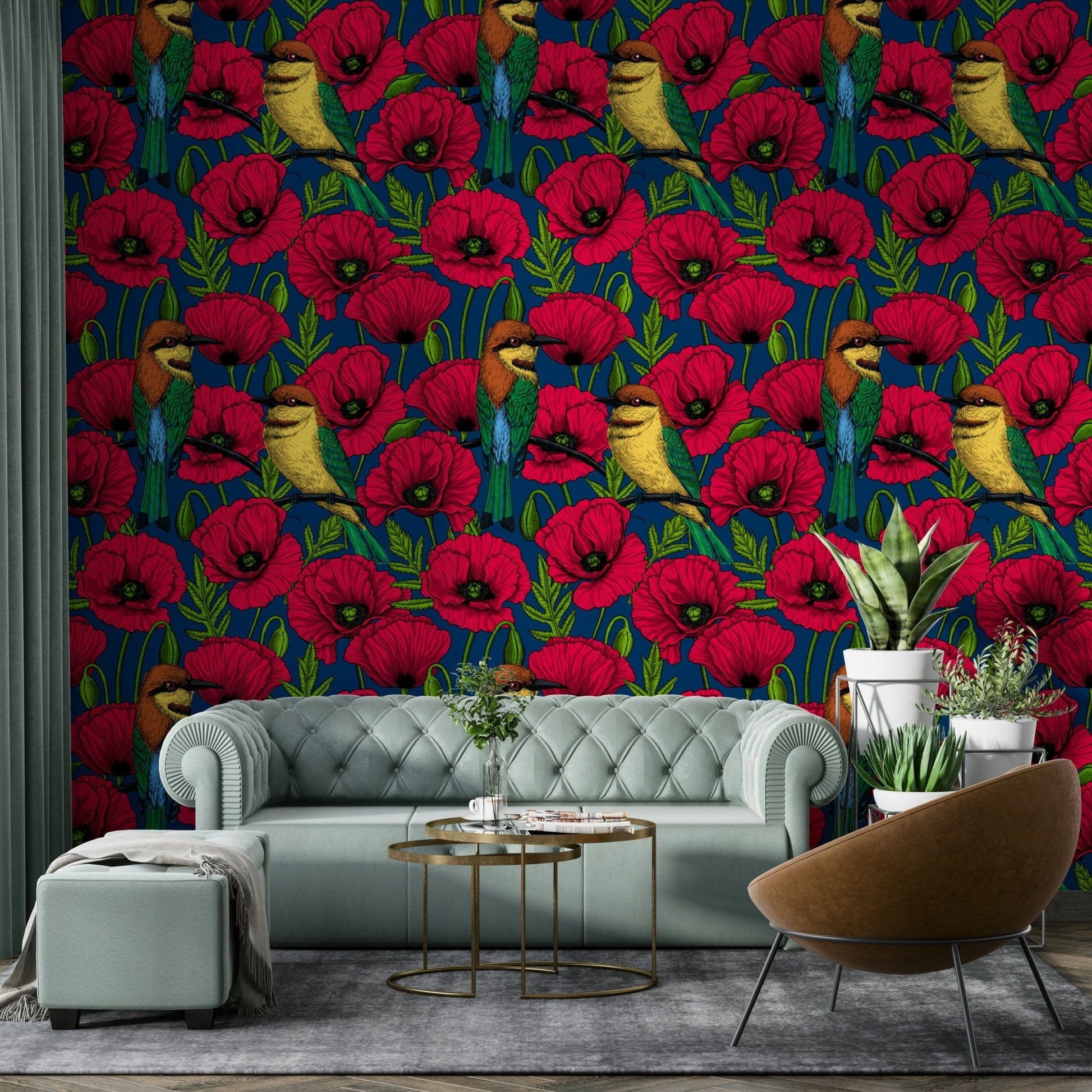 Red poppies and bee-eaters wallpaper for interiors

