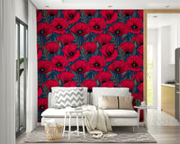 Red poppies wallpaper adding bold color to walls

