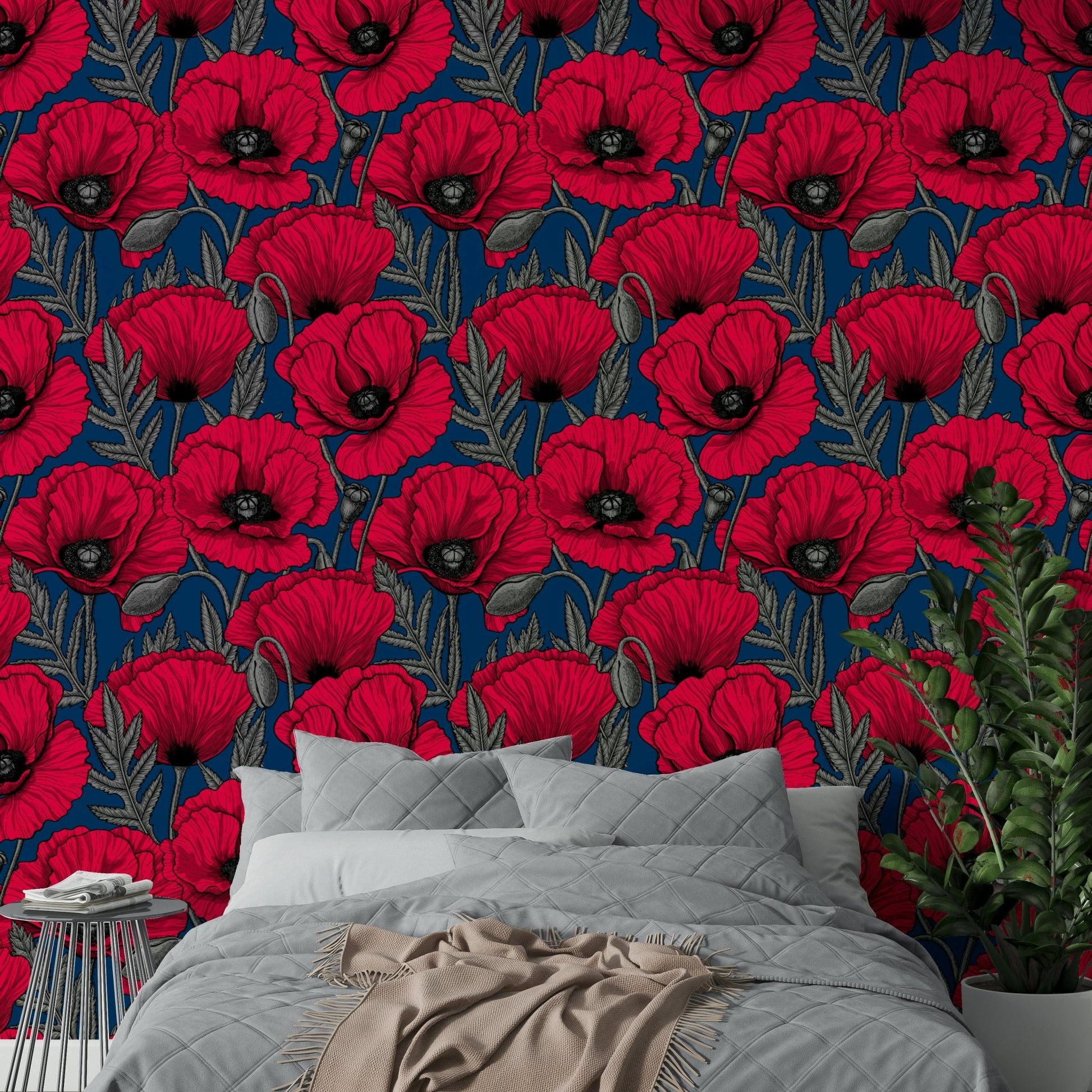 Deep blue background with red poppies for a bold look

