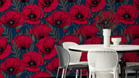 Floral wallpaper with red poppies on dark blue background

