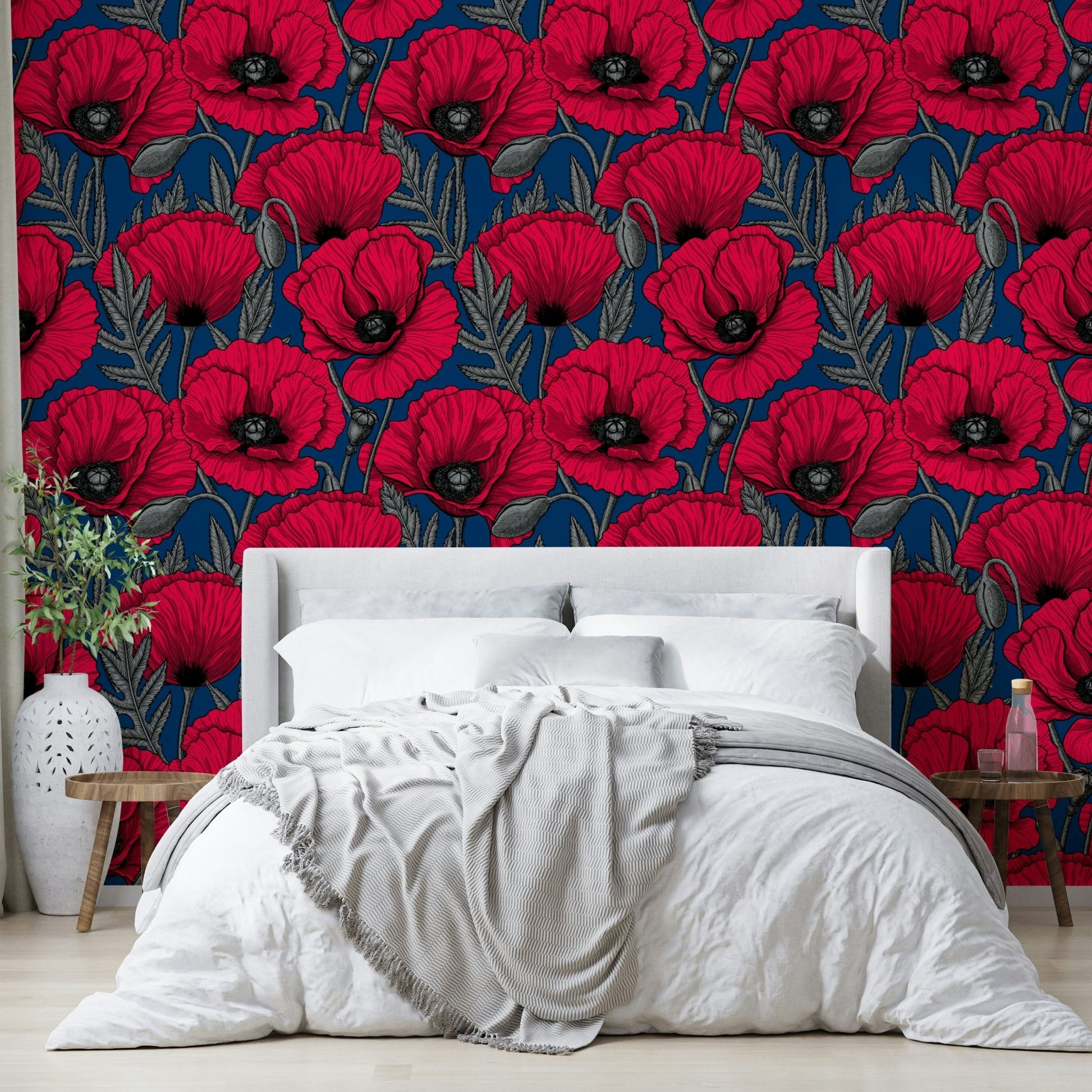 Rich red poppies floral wallpaper for dramatic spaces

