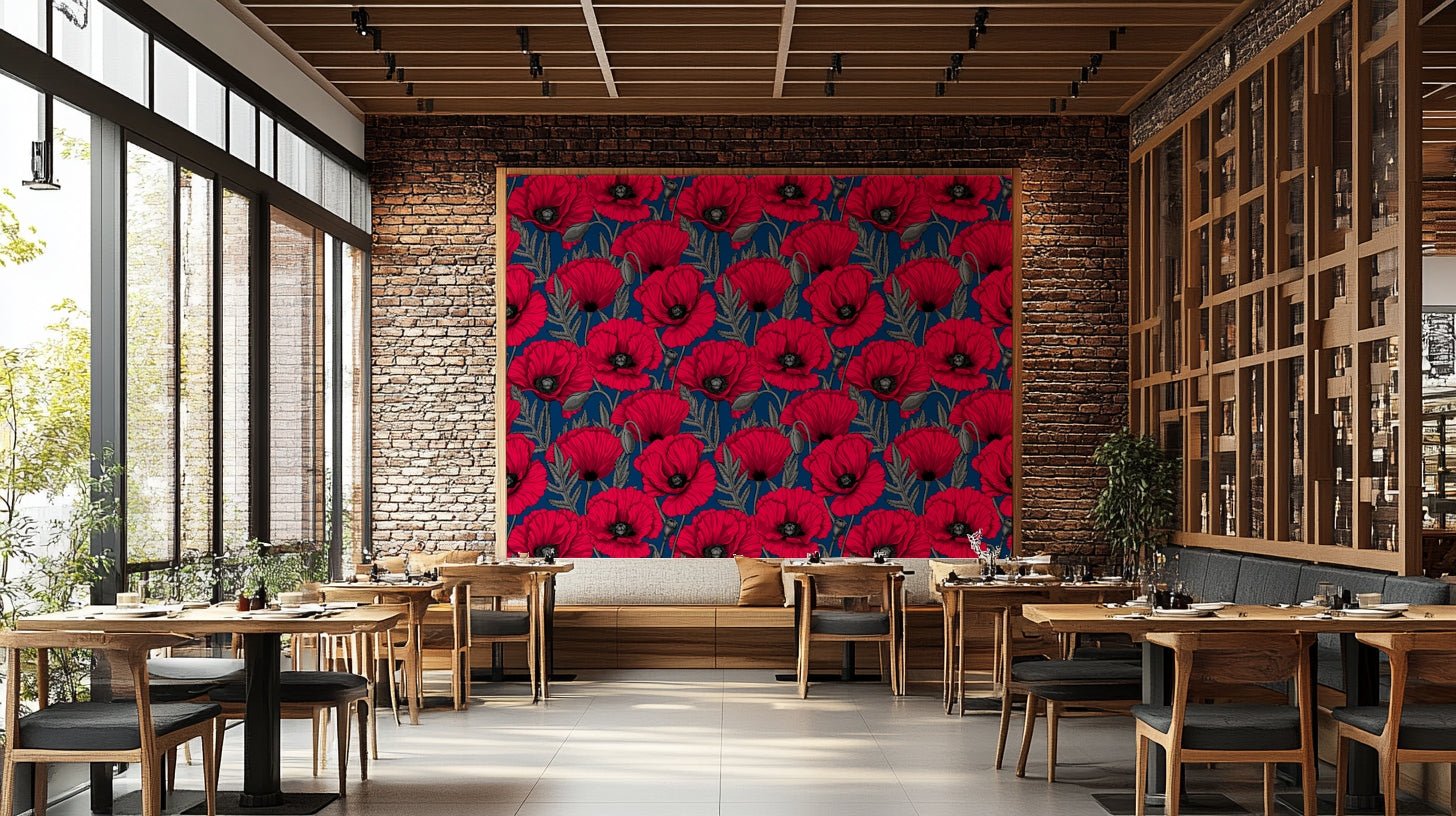 Red poppies on dark blue wallpaper with bold contrast

