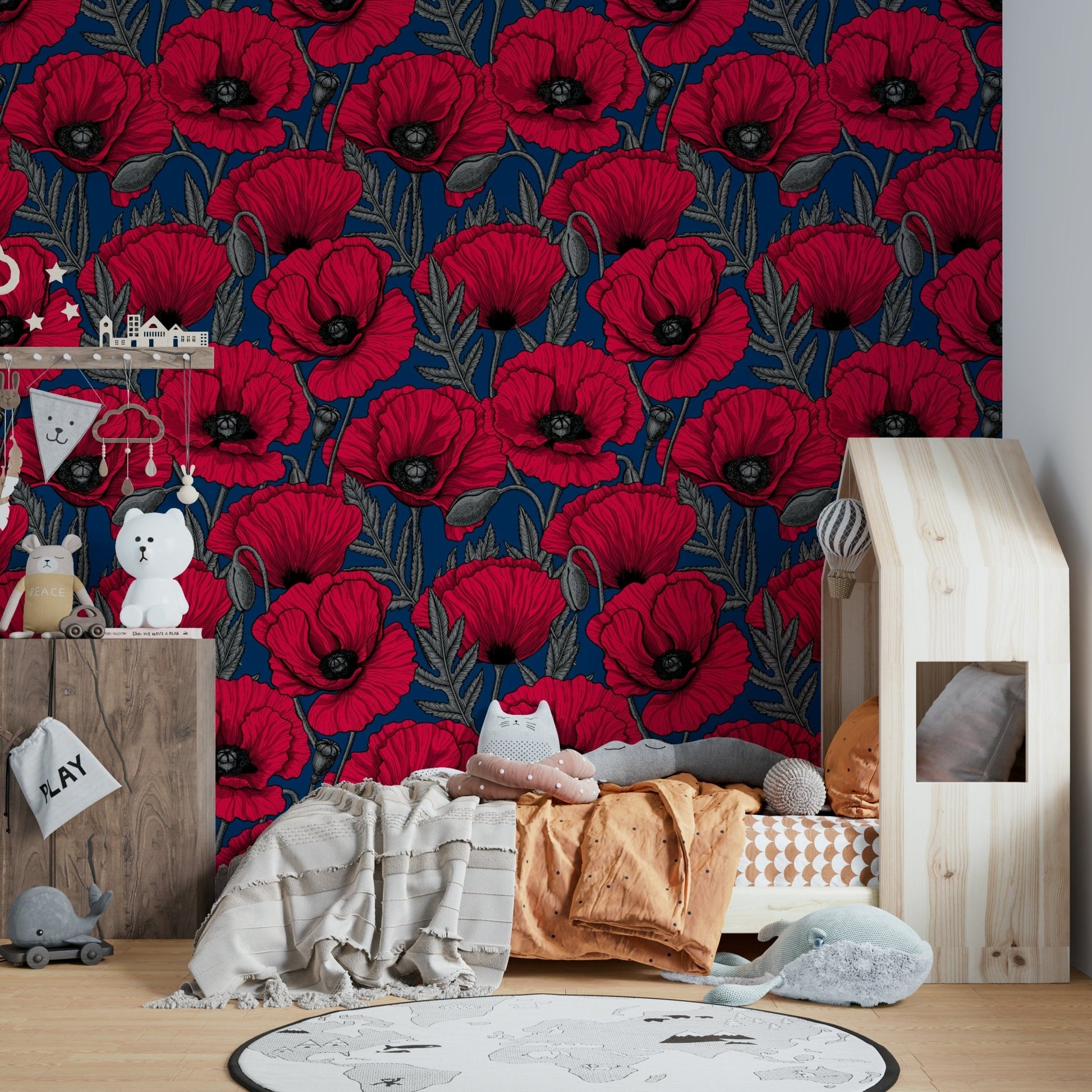 Vibrant red poppies on deep blue wallpaper design

