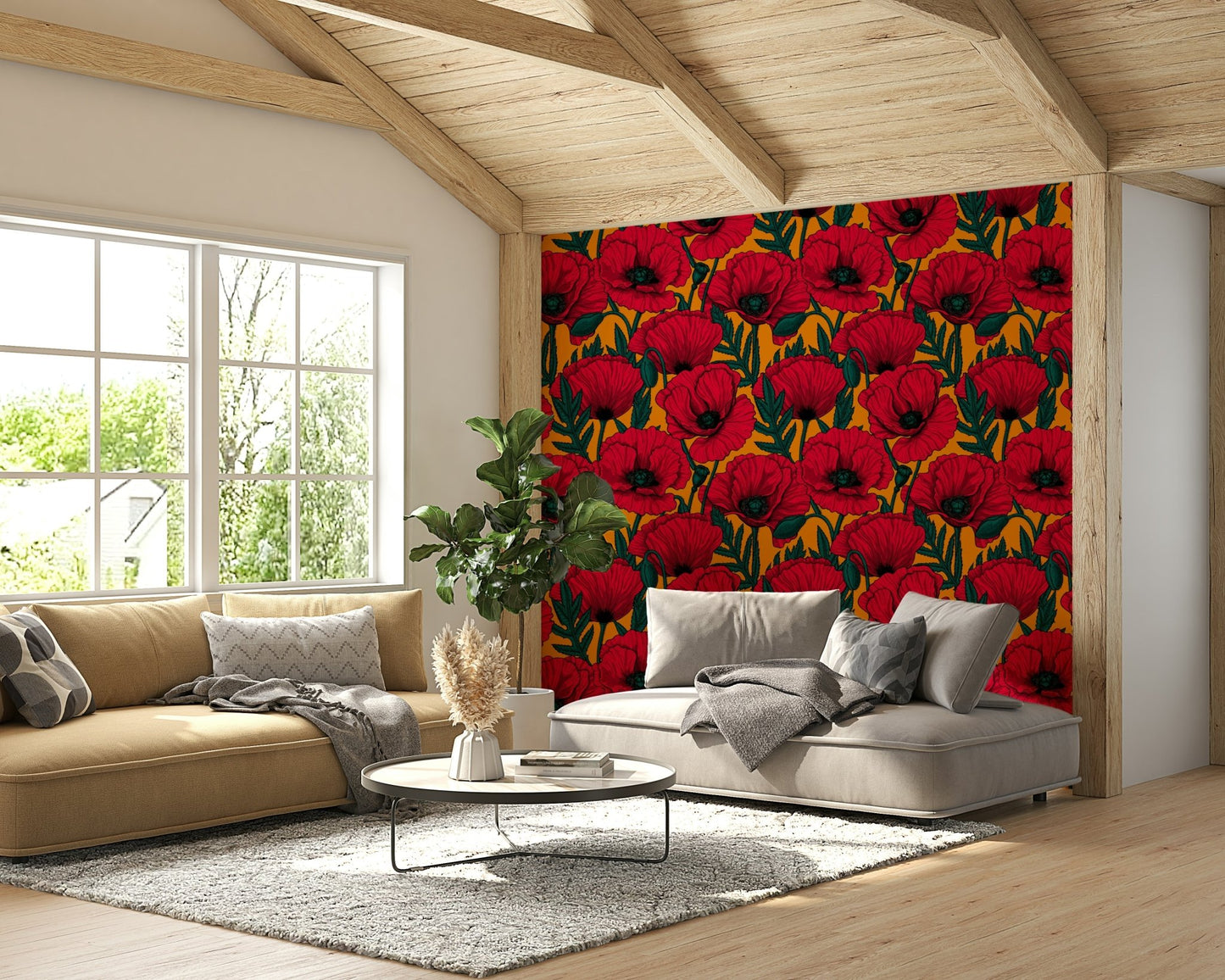 Floral wallpaper with red poppies and orange hues

