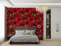 Bold red poppies on orange wallpaper for lively spaces

