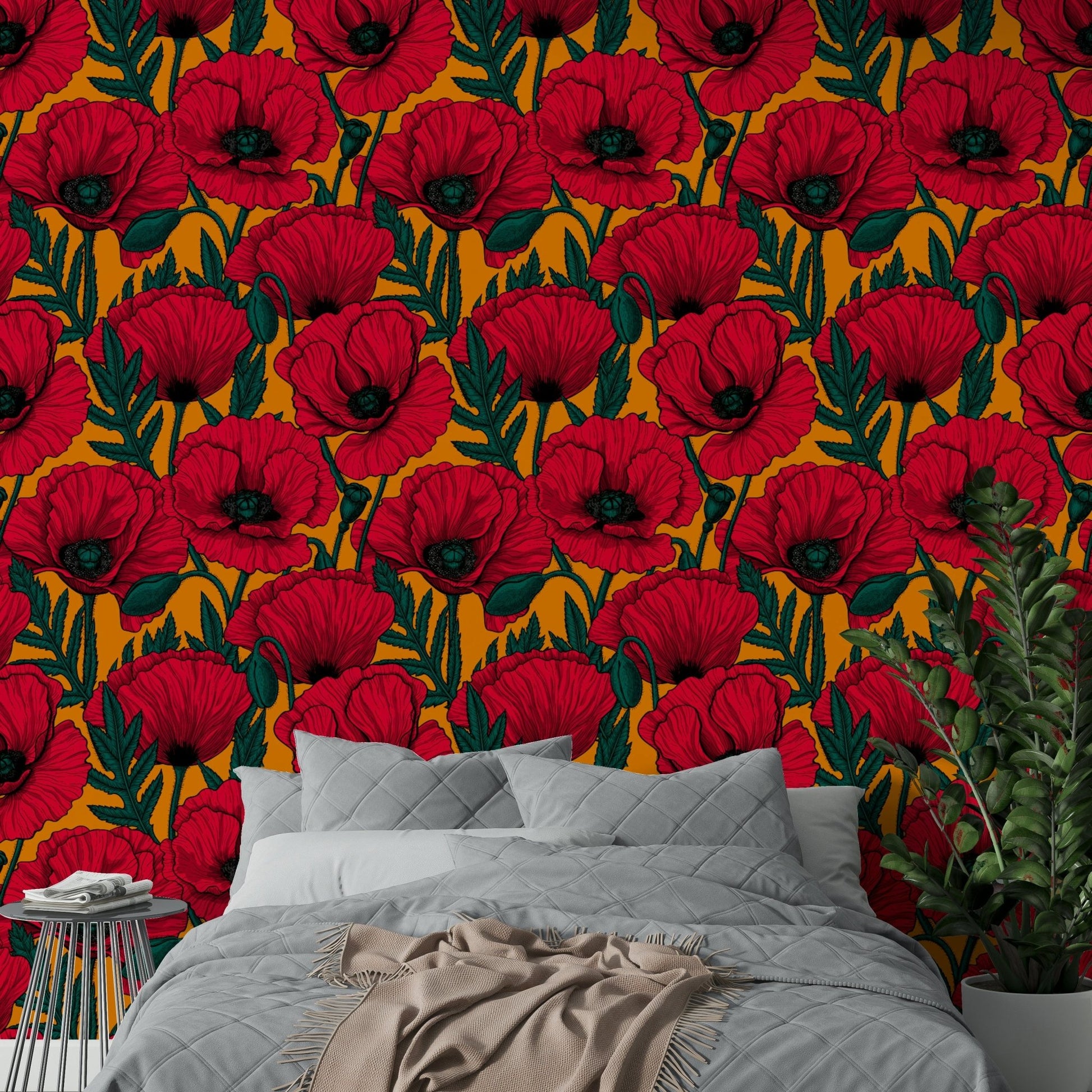 Colorful red poppies floral wallpaper with orange backdrop

