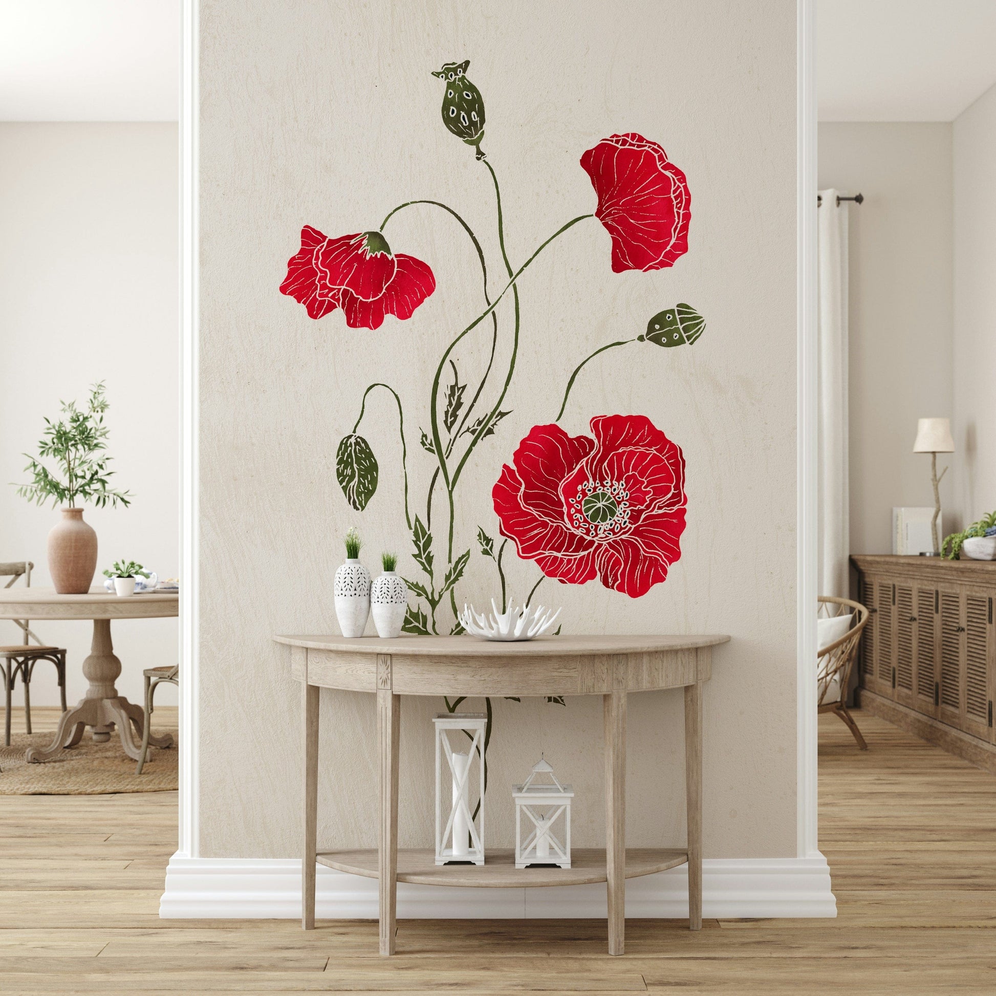 Contemporary Lonely Red Poppy wall accent, removable mural art.