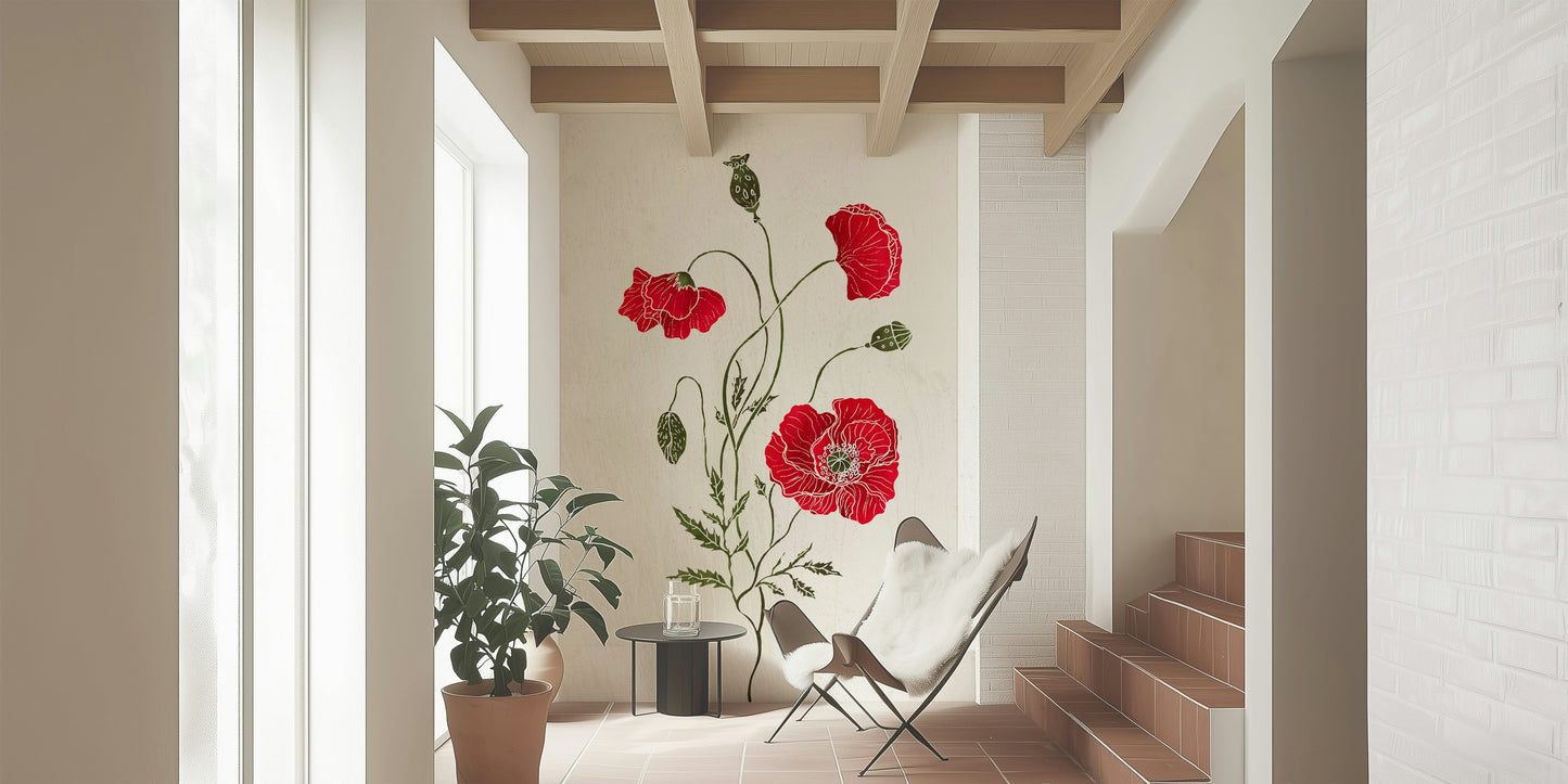 Vivid Lonely Red Poppy botanical art, premium quality wall mural.